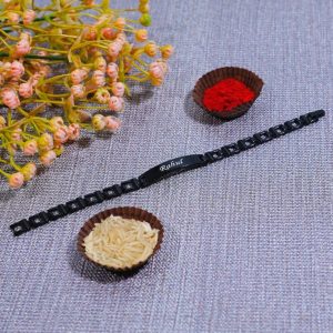 Custom Engraved Black Metal Rakhi Bracelet – Elegant & Durable