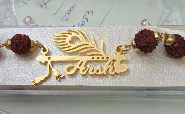 Personalized Metal Name Rudraksha Rakhi - Image 2
